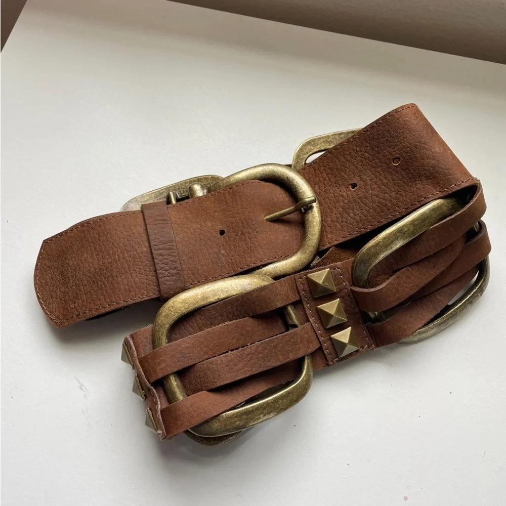 Leatherock Brown Leather Belt Brass Metal Accents Studs 36